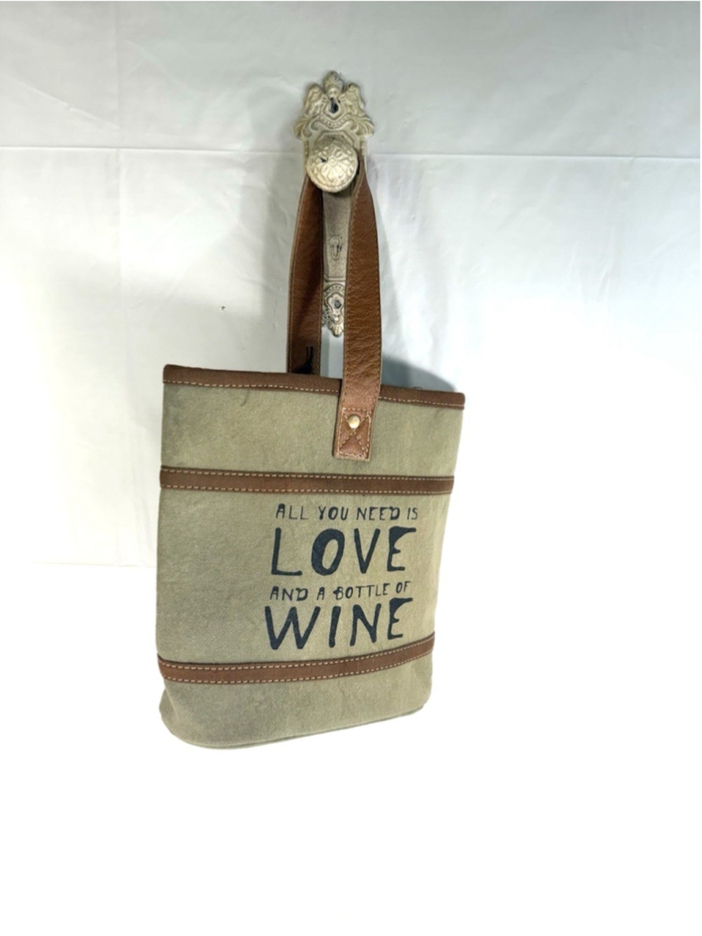 MYRA Bag Wine Tote Bag Love Wine Cowhide Canvas Leather Strap Boho new